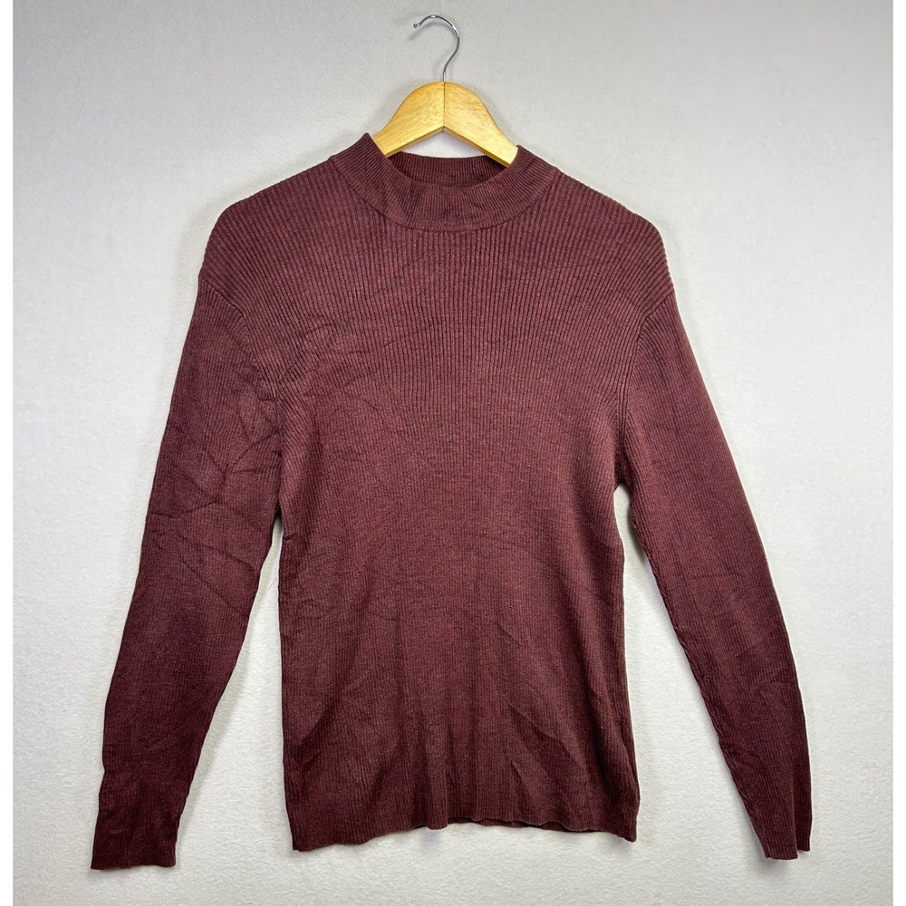Perry Ellis Ribbed Mock Neck Sweater Burgundy Long‎ Sleeve Silk Blend Women's L
